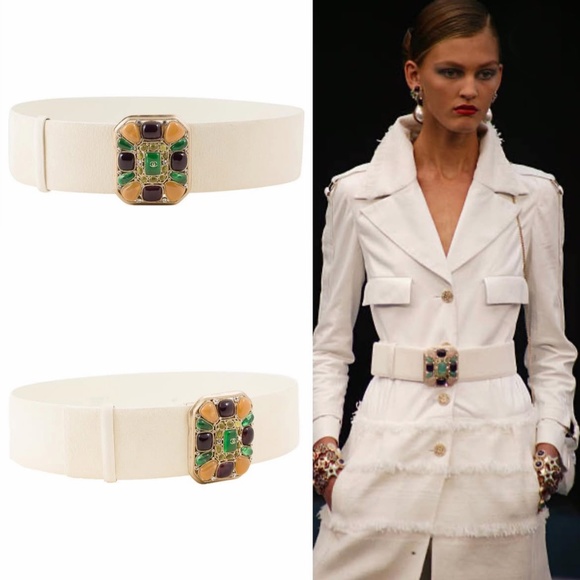 CHANEL RUNWAY 2008P Suede White Wide Gemstone Gripoix Belt - Picture 1 of 16